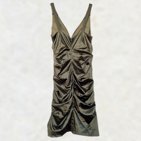 Nicole Miller Olive Bronze Ruched Draped Bodycon Knee Length Dress sz 12 Petite - Picture 4 of 9